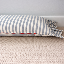 Load image into Gallery viewer, Blue striped body long bolster cushion pillow on a textured surface with a neutral background