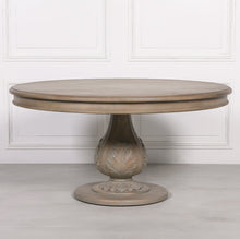 Load image into Gallery viewer, A handcrafted 150cm round dining table made from solid hardwood, finished in a dark rustic wash and featuring an intricately hand-carved pedestal base with acorn detailing.