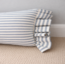 Load image into Gallery viewer, Blue striped body long bolster cushion pillow on a textured surface with a neutral background