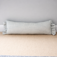 Load image into Gallery viewer, Blue striped body long bolster cushion pillow on a textured surface with a neutral background