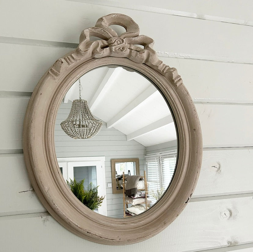 Hanning Bow Wall Mirror Arched Shape Oblong Wooden Floral and Bow Fram