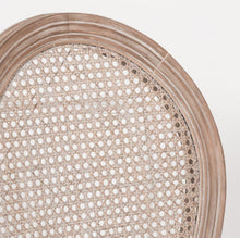 Load image into Gallery viewer, A classic Louis-style dining chair carved from birch wood with a light washed finish, featuring a woven balloon back, linen upholstered seat, and stackable design for practical elegance.