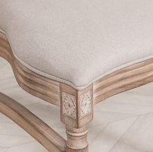 Load image into Gallery viewer, A classic Louis-style dining chair carved from birch wood with a light washed finish, featuring a woven balloon back, linen upholstered seat, and stackable design for practical elegance.