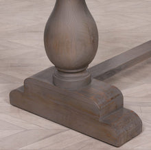 Load image into Gallery viewer, A handcrafted 260cm rectangular dining table made from solid mango wood, featuring a rustic finish with a subtle grey wash and elegant hand-carved columned pedestal bases.