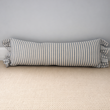 Load image into Gallery viewer, Blue striped body long bolster cushion pillow on a textured surface with a neutral background