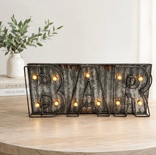 Load image into Gallery viewer, An industrial chic style wall sign that says "bar". Lights up with 2 x AA batteries.