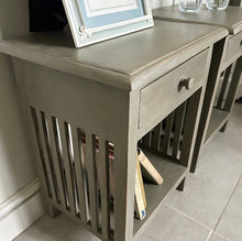 Load image into Gallery viewer, Gray side table with a framed picture and books on top, against a neutral wall.