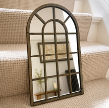 Load image into Gallery viewer, Decorative wall mirror with a rustic frame on a staircase